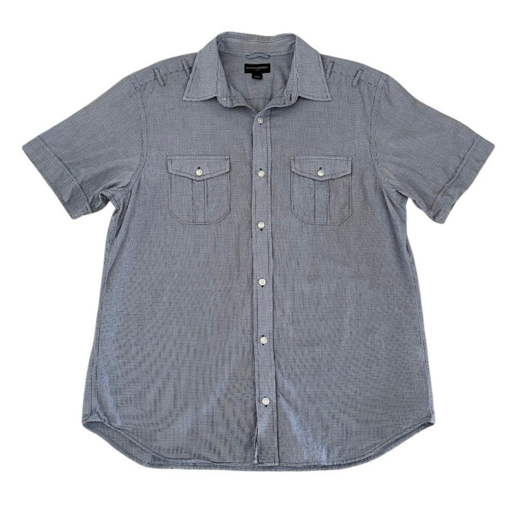 Banana Republic Mens Large Short Sleeve Button Down Shirt Blue White Gingham‎ L